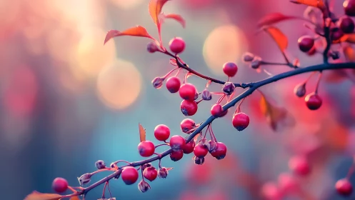 Sunlit red berries glow against a dreamy pastel bokeh