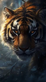 Tiger head close-up in low light forest environment.