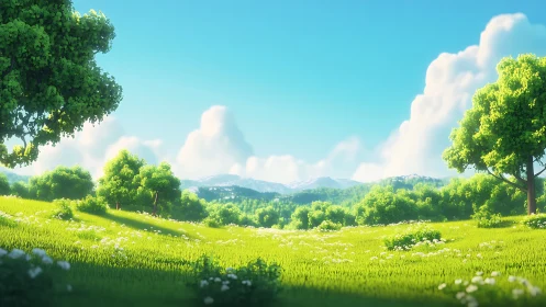 Sunlit green meadow with trees under clear blue sky.