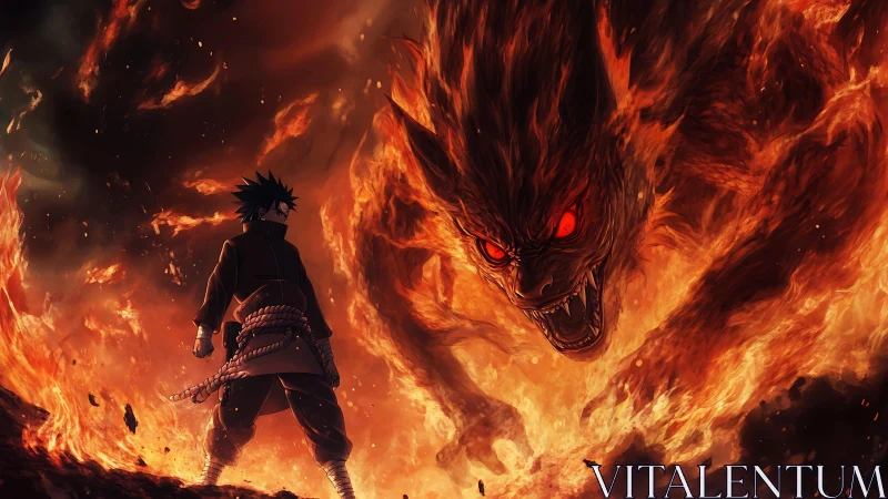 Anime warrior confronts colossal flaming beast in infernal blaze