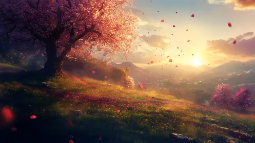 Blossoming cherry tree glows over a serene valley sunset