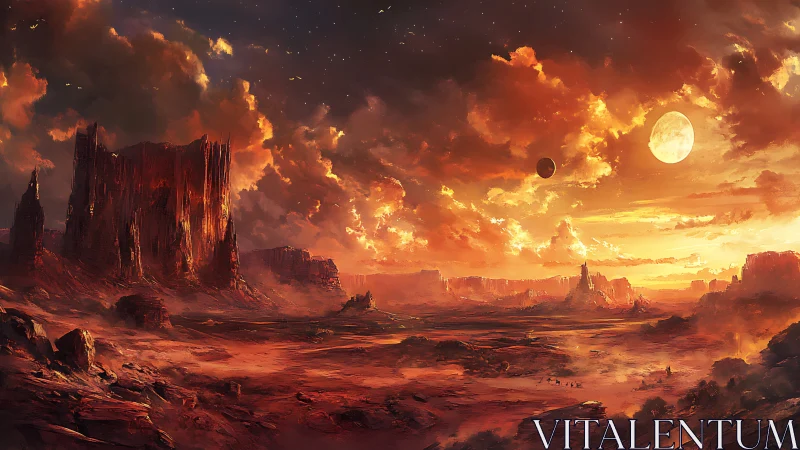 Burnished alien canyon glows warmly beneath twin setting moons