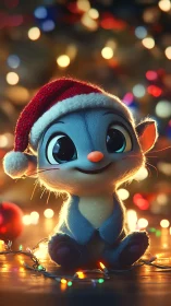 Cute blue creature wears Santa hat amid festive lights