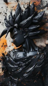 Sculpted black anime warrior bust textured with molten strokes