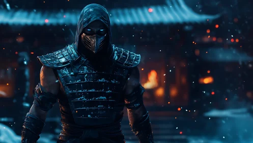 Brooding masked warrior strides through snow and sparks