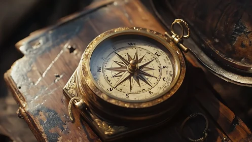 Brass nautical compass rests on worn wooden surface