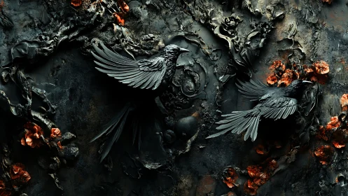 Obsidian ravens in sculpted decay over ember florals.