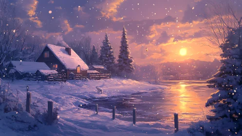 Snowy riverside cabin under glowing winter sunset sky.