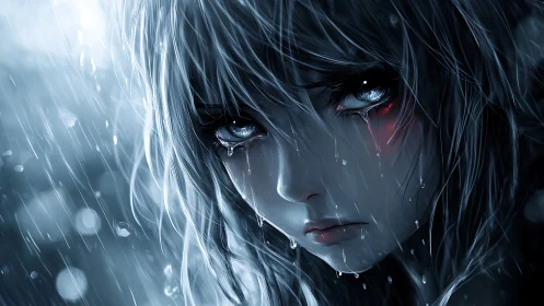 Close-up anime portrait of wet face in heavy rainfall.