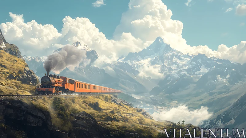 Orange mountain train rolls toward bright snowy peaks
