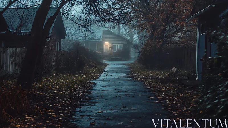 Foggy residential lane converges on single illuminated house