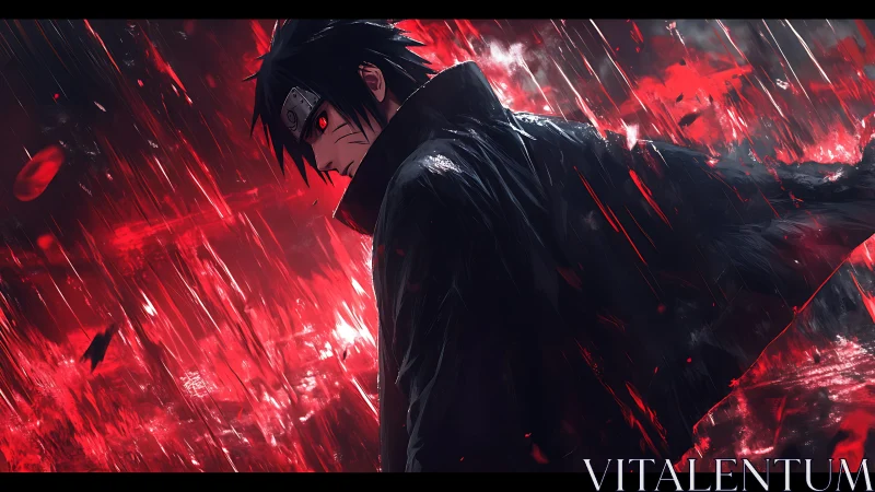 Stormlit rogue shinobi in crimson rainfire twilight.