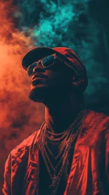 Stylish man in neon smoke glows under dramatic colored light