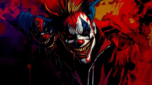 Sinister twin clowns ignite a feral carnival of color and teeth