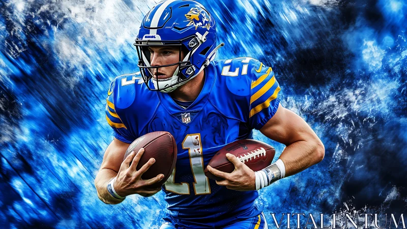 Football runner surges through electric blue energy field.