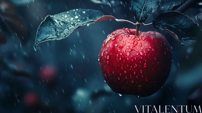 Glistening red apple hangs softly in a quiet evening rain