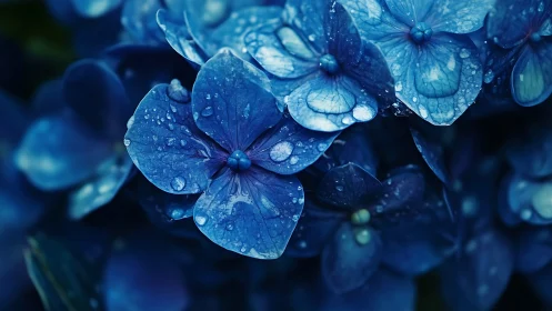 Blue Flowers Glistening with Morning Dew.