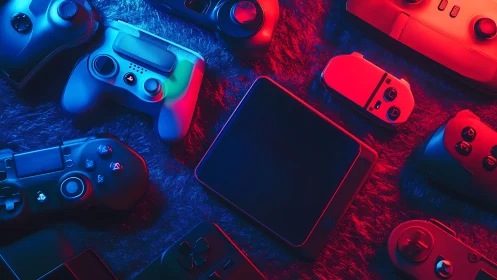 Gaming controllers glow in neon red and blue studio lighting.