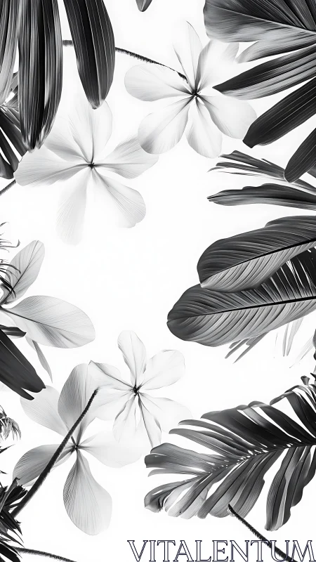Monochrome tropical canopy swirling in luminous negative space.