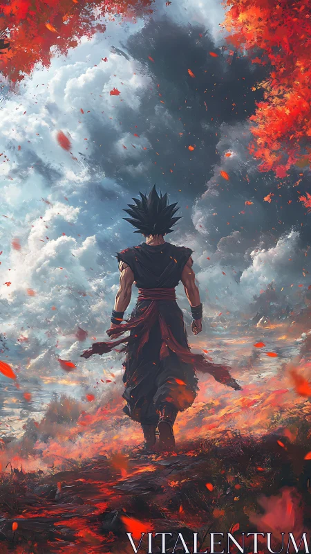 Lone anime warrior on fiery autumn path under stormy sky.