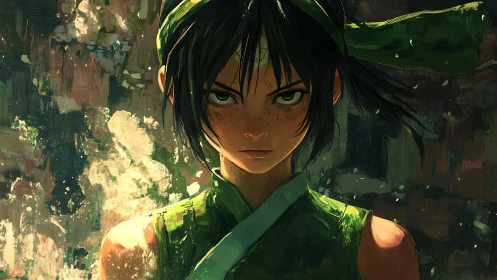 Determined young warrior stares forward in vivid green light