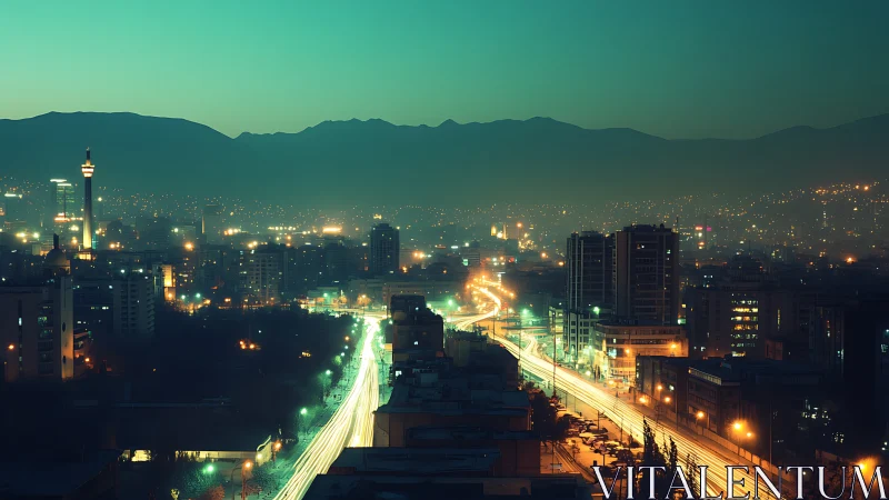 Night city skyline shows glowing highway through dense haze