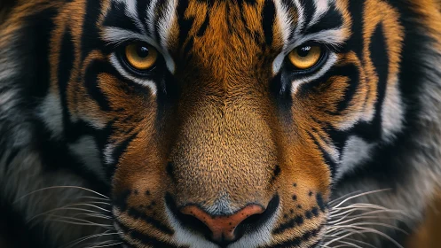Tiger eyes lock in an intense, hyper-detailed close view.