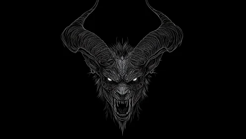 Horned demonic creature head rendered in monochrome linework