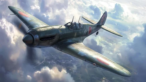 Japanese WWII fighter aircraft in high altitude flight scene.
