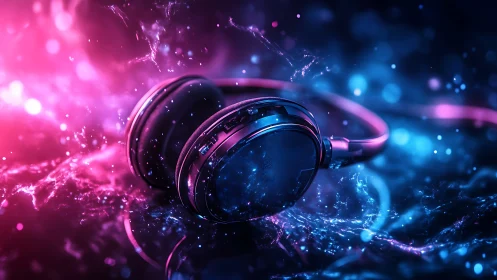 Neon headphones adrift in glowing pink and blue soundwaves.