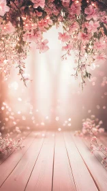 Hanging Pink Blossoms with Bokeh on Wooden Platform.