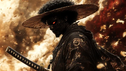 Demonic samurai stands in burning storm of ash and embers