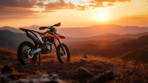 Enduro motorcycle waits on sunlit mountain ridge at sunset.