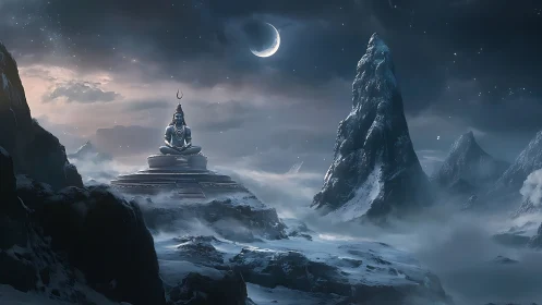 Moonlit mountain temple with serene meditating deity.