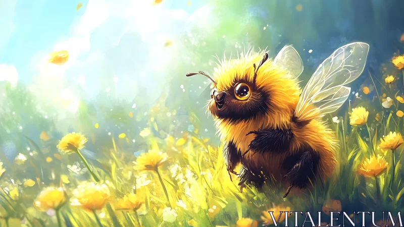 Sunlit dandelion meadow crowned by a wide eyed fluffy bee.