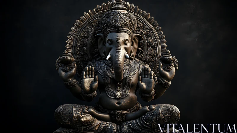 Ornate Ganesha idol glows softly against a dark backdrop.