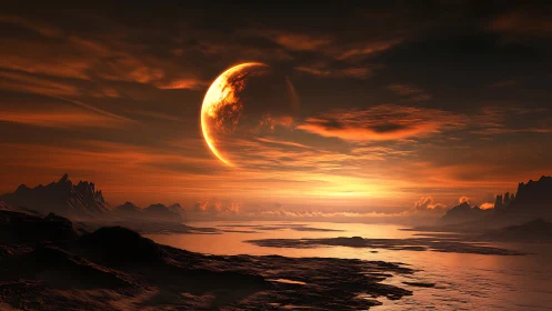 Alien coastal landscape under large eclipsed planet.