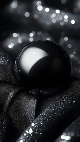 Black reflective sphere on glittering dark fabric backdrop.