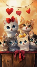 Five kittens arranged in wooden box arrangement.