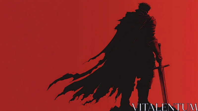 Lone shadow knight brooding over a bloodred horizon.