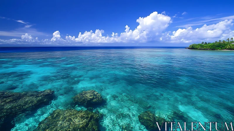 Tropical coastline with clear turquoise sea and blue sky.