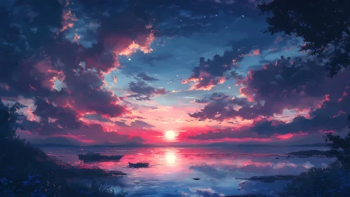 Radiant sunset sky reflects over tranquil coastal inlet