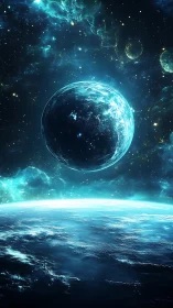 Dual oceanic planets rendered in high-contrast cyan nebular light