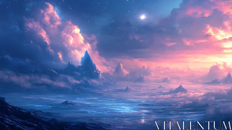 Spectral twilight over crystalline alien oceanic landscape