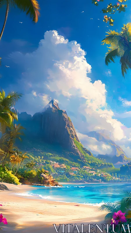 Tropical Volcanic Coastal Landscape with Cumulus Cloud Formation