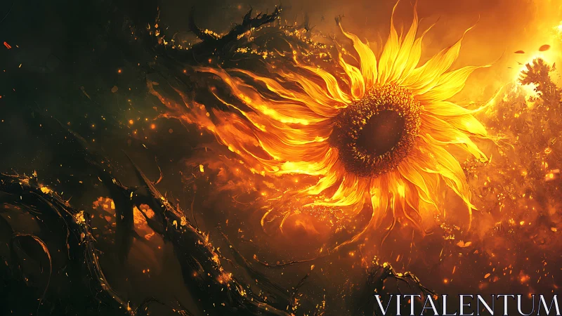 Large luminous sunflower is rendered amid dark abstract forms