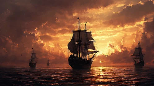 Sunset galleons advance across a luminous, storm-laden horizon