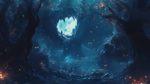 Moonlit enchanted forest forms a glowing celestial gateway.