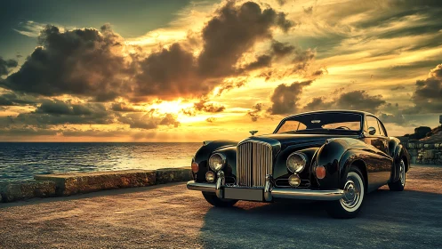 Sunlit classic coupe with high-gloss reflections on coastal promenade