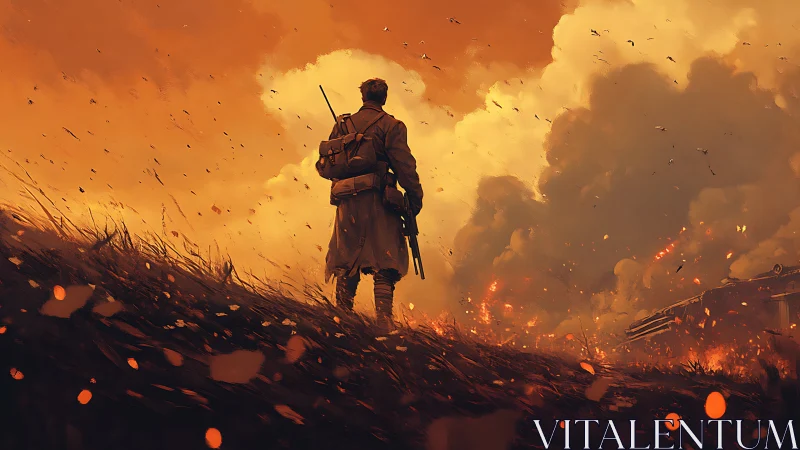 Solitary armed figure in burning battlefield landscape at dusk.